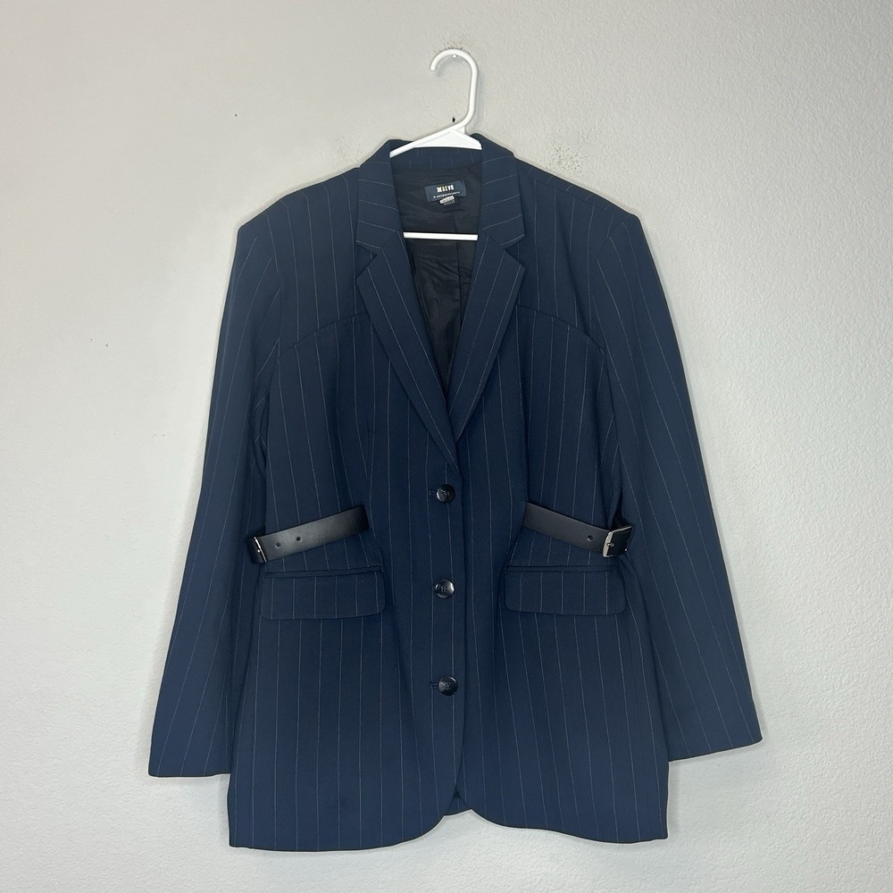 Maeve Oversized Avery Belted Blazer Navy Blue Pin Stripe Women's M Anthropologie